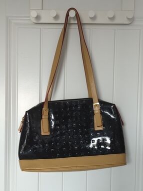 Black Patent and Tan Leather-Trim Shoulder Bag
